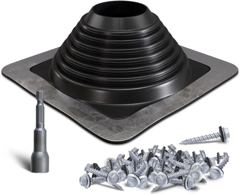 VIVIDA #6 Metal Roof Pipe Flashing, Metal Roofing Pipe Boot Kit, High Temp Silicone Vent Boot, for Tube OD 4-3/4" to 10", Square Base, Screws & Hex Socket Included, 1 Pack, Black - Image 1